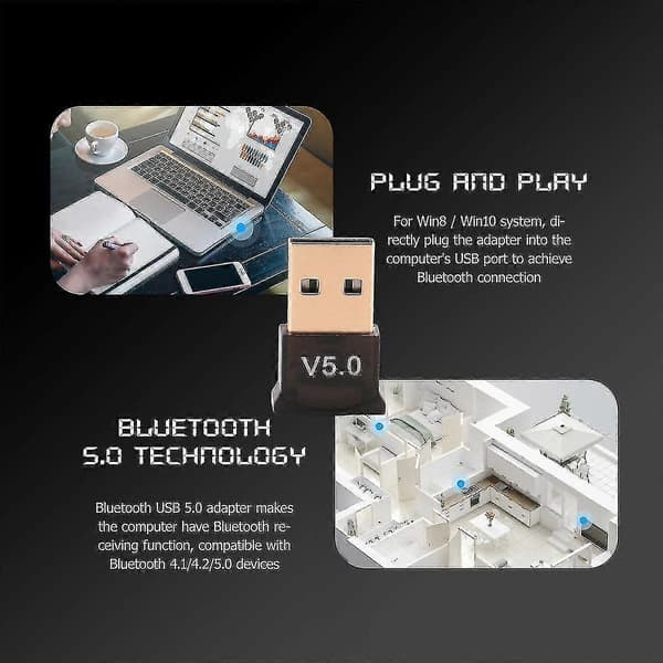 USB Bluetooth 5.0 -sovitin PC:lle Win10/8.1/8/7/Bluetooth-dongle Vastaanotin/lähetin tukee kuulokkeiden yhdistämistä