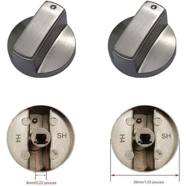 Sæt med 4 metalgaskomfurknapper. Kompatibel med 6 mm diameter aksler. Højkvalitets zinklegering. Nem udskiftning.