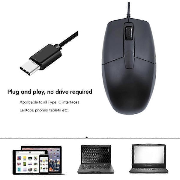 USB Type C Kablet Mus til Laptops, Mobiler og Tablets 3 Knaps Gaming Ergonomisk Mus