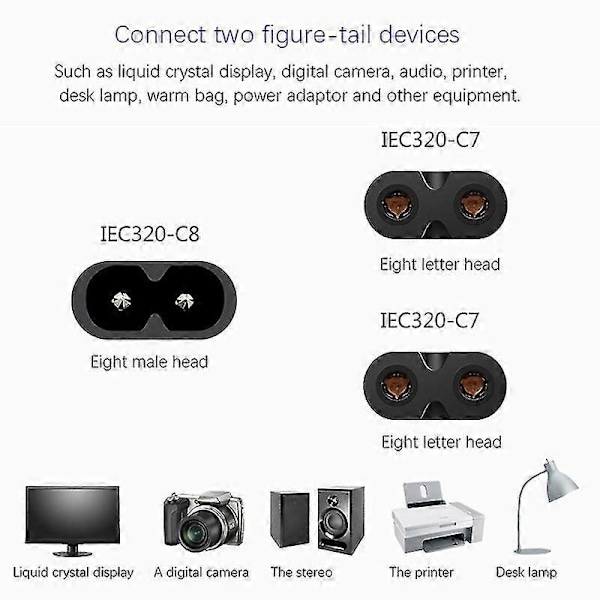 Iec320 C8 Til 2x C7 Y Split AC Strømkabel, 1 Ind 2 Ud AC Strømkabel
