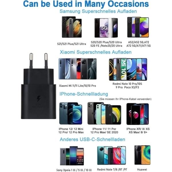 25W Samsung Nopea Lataus USB-C Latauspistoke + 2M USB-C Latauskaapeli