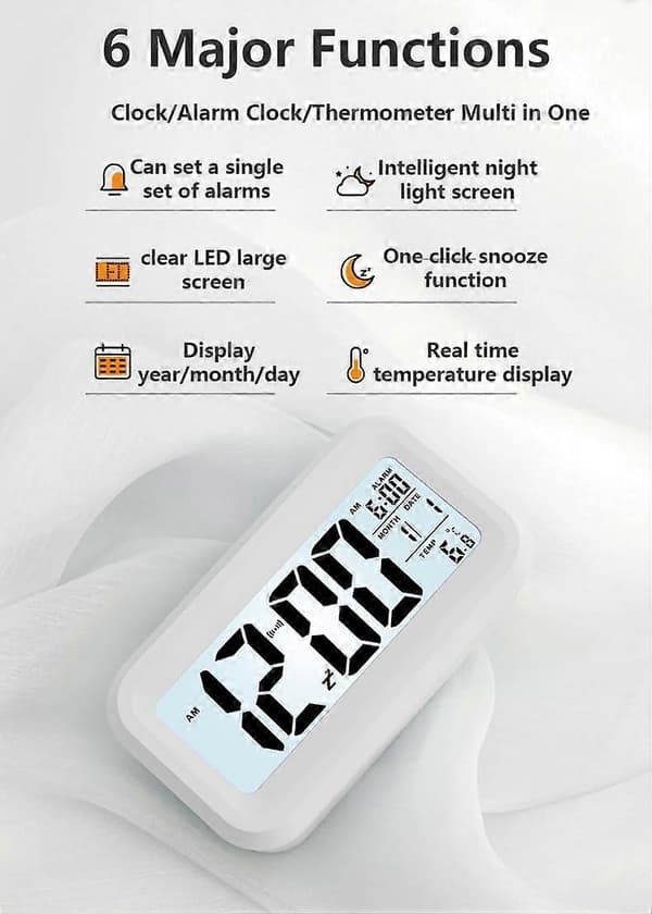 12/24 timmars digital väckarklocka sängbordsklocka med bakgrundsbelysning LCD-display datumkalender och temperaturvisning (vit