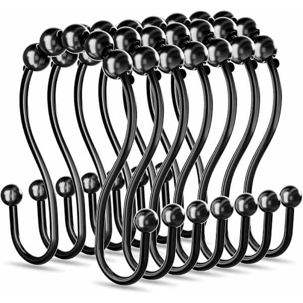 Duschdraperiringar, rostfritt stål, smidig glidning, dubbla duschdraperikrokar för badrum, duschstång, köksredskap, 12-pack, svart