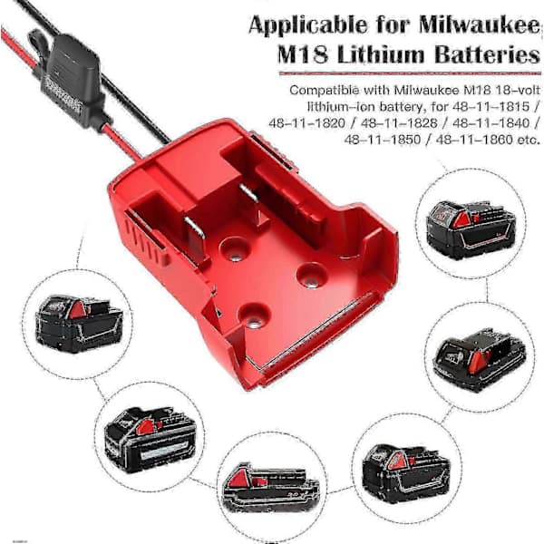 Strömhjulsadapter för Milwaukee M18-batteri 18V-omvandlare med säkringar och trådterminaler 2-pack