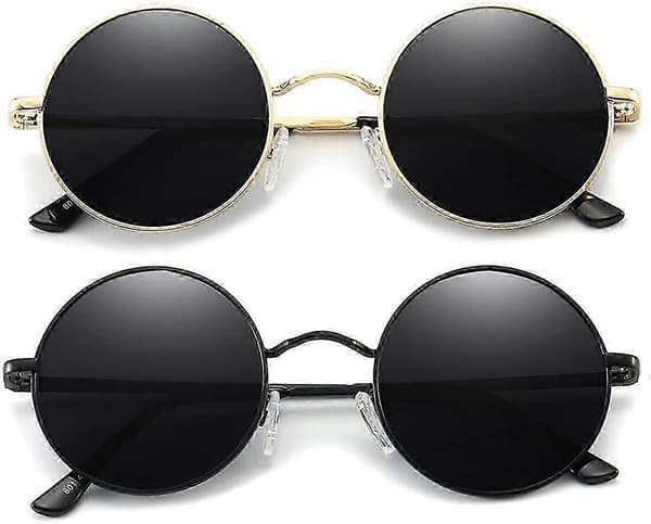 Vintage pyöreät John Lennon -polarisoituneet aurinkolasit miehille ja naisille, pyöreät hippiaurinkolasit MX 2 Pack (Black- Gold)