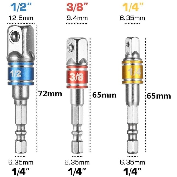 Sæt med 3 1/4\" 3/8\" 1/2\" hex adaptere Nøglehovedforlængelse