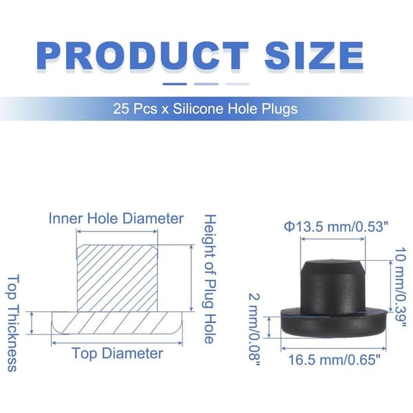 Förpackning med 25 T-formade silikonpluggar, 13,5 mm diameter, återanvändbara, läckagesäkra, elastiska silikonpluggar, solida pluggar för runda hål för rör, svarta