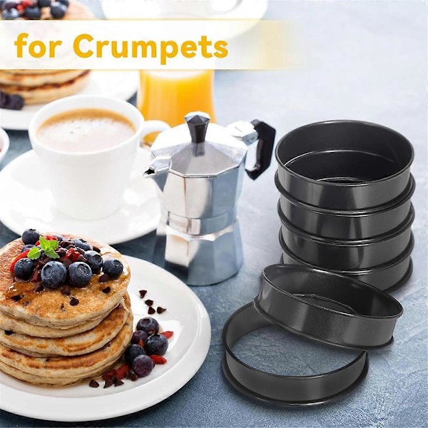 6 stk. Crumpet-ringer, 10 cm doble rullede runde kake-, terte-, kjeks-, egg- og burgerformer i rustfritt stål for baking og matlaging