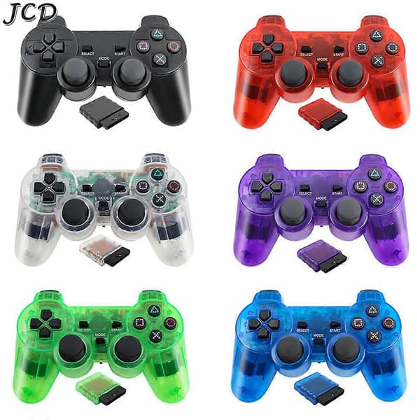 JCD Trådlös Gamepad för Sony PS2-konsol Joystick 2.4G Dubbel Vibrationschock Joypad USB PC Spelkontroll Clear Green