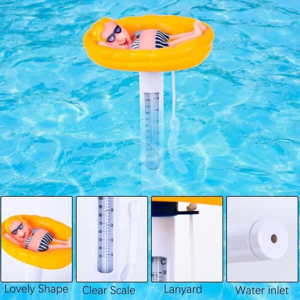 Flydende termometer, flydende pooltermometer, tegneserie dyreformet vandtermometer med reb til indendørs og udendørs pools (termometer)