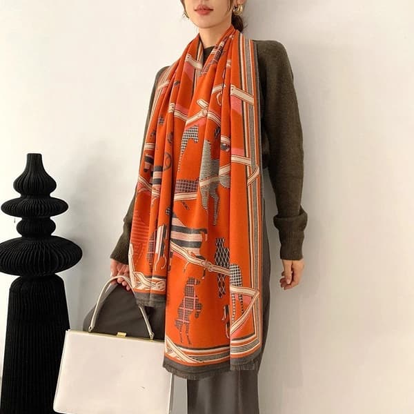 Oversized Orange Grå Heste Print Sjal Wrap Cashmere Feel Tørklæde Equestrian Chic