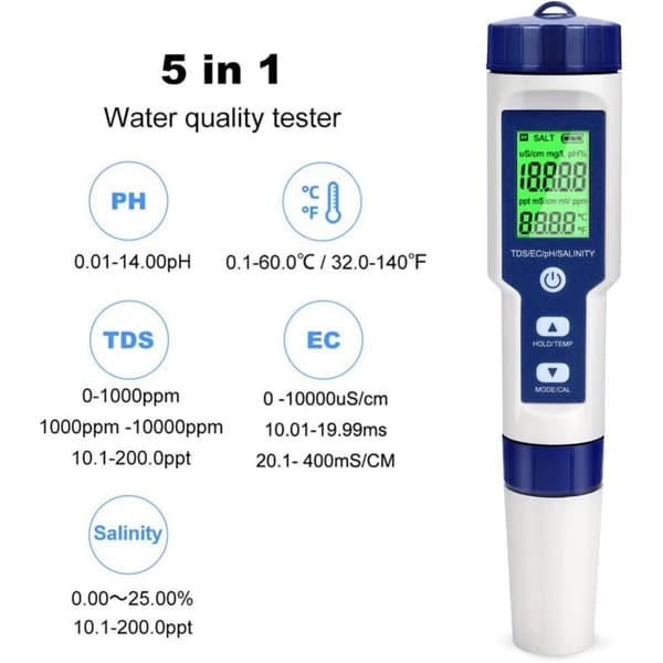 Elektronisk pH-tester, 5-i-1 poolvandstester med baggrundsbelysning, pH/TDS/EC/Salinitet/Temperatur med ATC