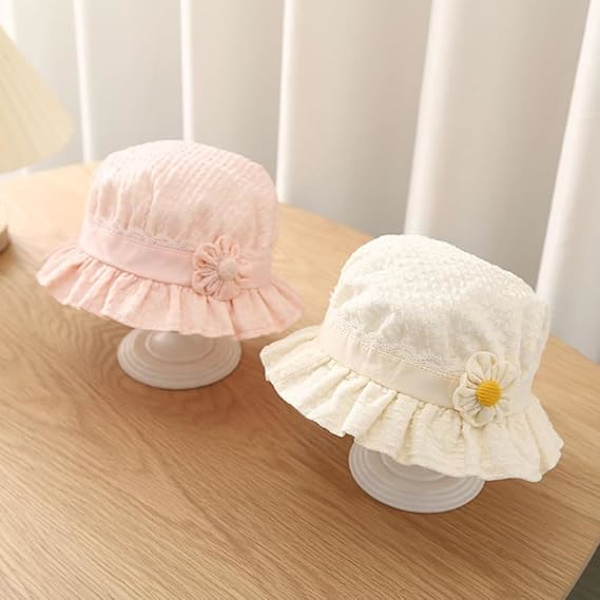 Solhatt för babyflickor, blomspetsbroderi sommar UPF50+ bredbrättad bucket-hatt semester strandhatt med elastiskt hakband
