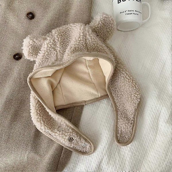Fleece-mössa med björnmotiv för kvinnor och män - Säkerhetsmössa med magnetisk spänne och öronflikar - Söt utomhusmössa för vinter Beige