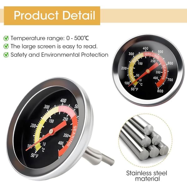 Set med 2 BBQ-temperaturmätare, 52 mm urtavla, koltermometer, ugnstermometer, lämplig för fläsk, lamm, nötkött, pizza