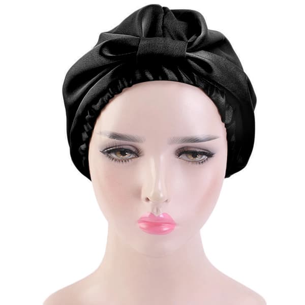 Dame imitert silke dobbeltlags sovehette/hårdeksel/silkehodeplagg med bredt elastisk bånd. black