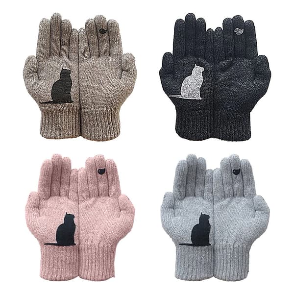 Bomuldshandsker med kattemotiver, handsker med katte- og fugleprint, søde lyserøde simple vanter. black