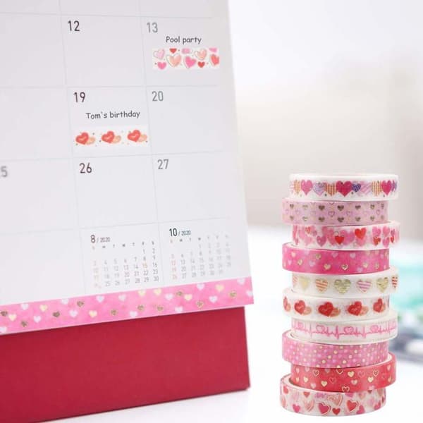 Dekorativt Klæbebånd - 10 Ruller - Guld Washi Papir - Kærlighedsdesign - Scrapbooking og Håndværk