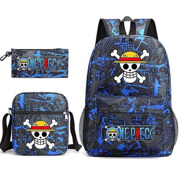 One Piece Skoletaske Rygsæk Penalhus Skuldertaske Tre-delt Sæt Pattern blue