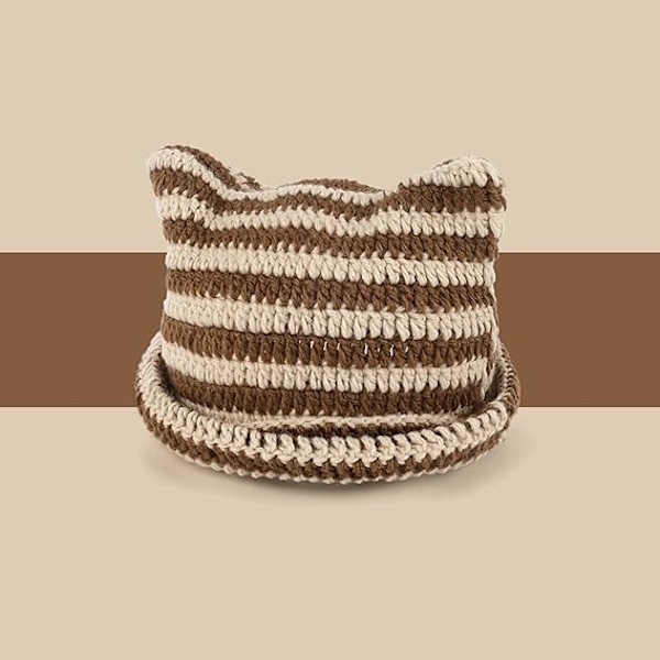 Damernas Kattmössa i Stickad Crochet med Öron Stickad Vintervarm Elastisk Mössa Slouchy för Flickor Vuxna Barn Brown