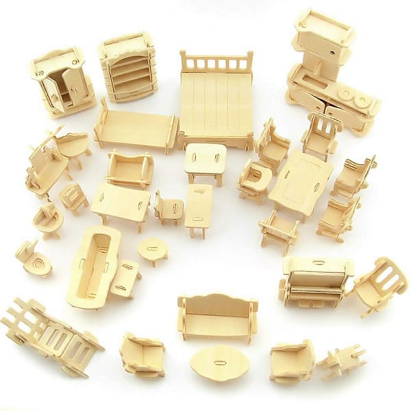 Trä 3D Pussel DIY Skala Miniatyr Modeller Dockhus Möbler Set Tillbehör