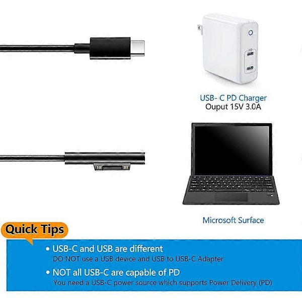 for Surface til USB C opladerkabel til Surface Pro 3/4/5/6/7, Surface Laptop 3/2/1, Surface Go