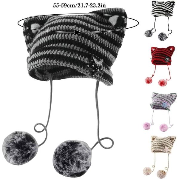 Stickad mössa med kattöron för kvinnor, vintervarm mössa i elastiskt stickat, skidmössa med dun och broderi för vuxna flickor