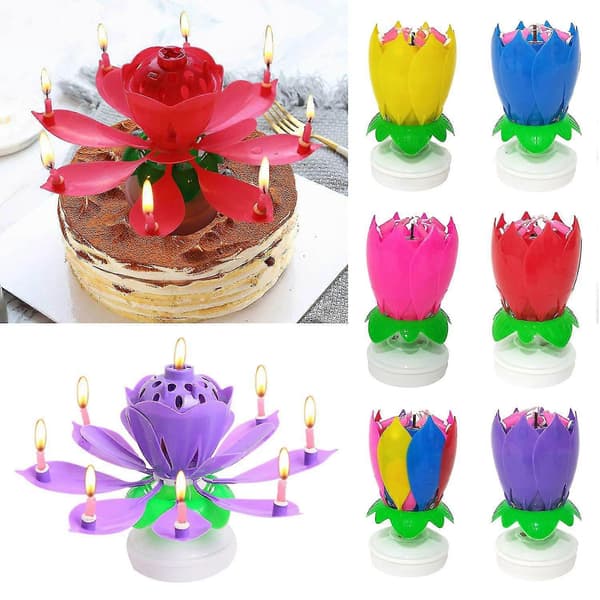 Lotuslys Solid Parafin Farget Blomsterform Flat Bunn Roterende Elektronisk Lys Bursdagskake Red