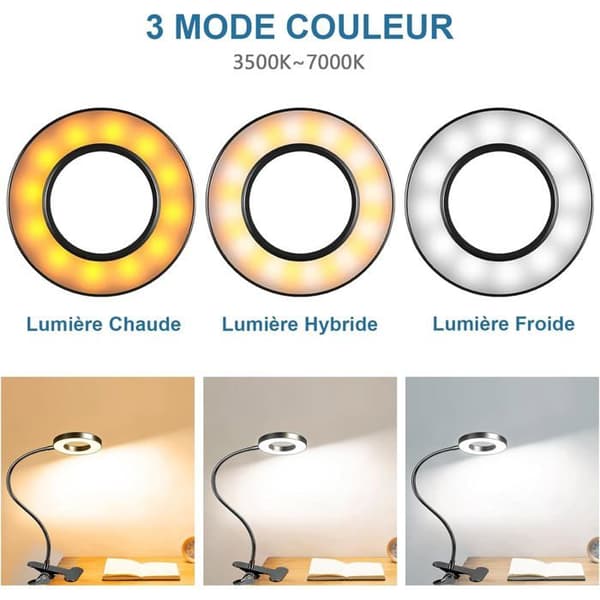 Fleksibel 360° bordlampe med klemme, læselampe med clips, 3 lystilstande & 10 lysstyrkeniveauer, LED USB, sort