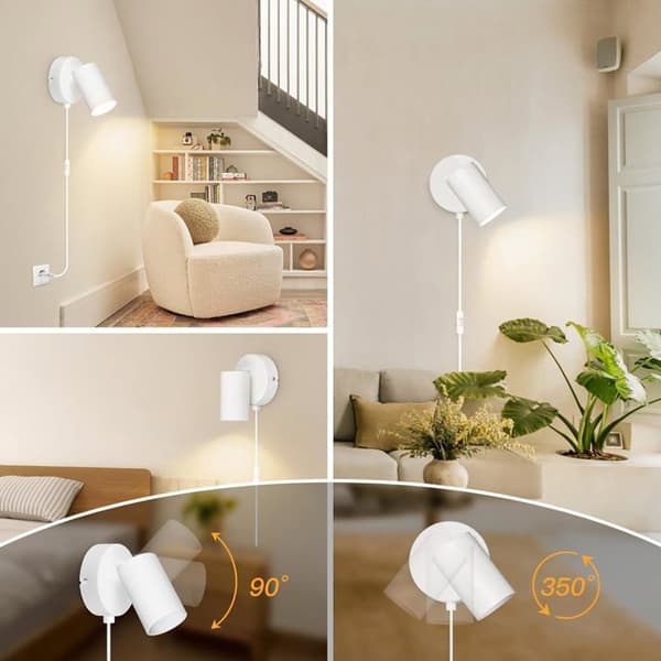 Vit vägglampa med stickkontakt för sovrum, GU10, 350° rotation, glödlampa ingår ej.