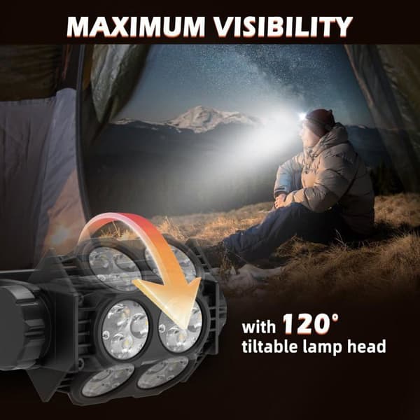 Hodelykt, Ultrakraftig 2000 lumen LED-hodelykt, for fiske, camping, sykling, løping (svart)