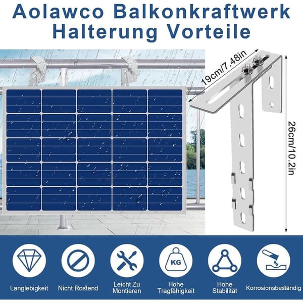 Sett med 2 kroker for balkongkraftverkstøtte, solcellepanel, balkongkroker for solcellepaneler, støtter for rektangulære rekkverk, solcellemontering