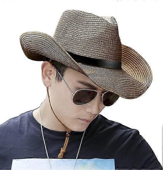 Bredskygget Panama Strand Fedora Solhat til Mænd og Kvinder, Rulbar Cowboyhat i Strå, Kaffe