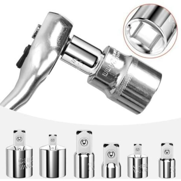 6-delt pipeadaptersett, skralleadapter, pipeadaptere, adaptere 1/4\" til 3/8\", 1/2\" til 3/8\", 3/8\" til 1/4\", 3/8\" til 1/2\", 1/2\" til 1/4\"