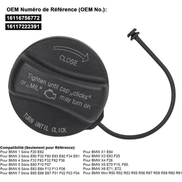 Bränsletanklock för E39 E46 E60 E90 E92 F82 F83 X3 E83 X4 X5 X6 Mini 16116756772 16117222391