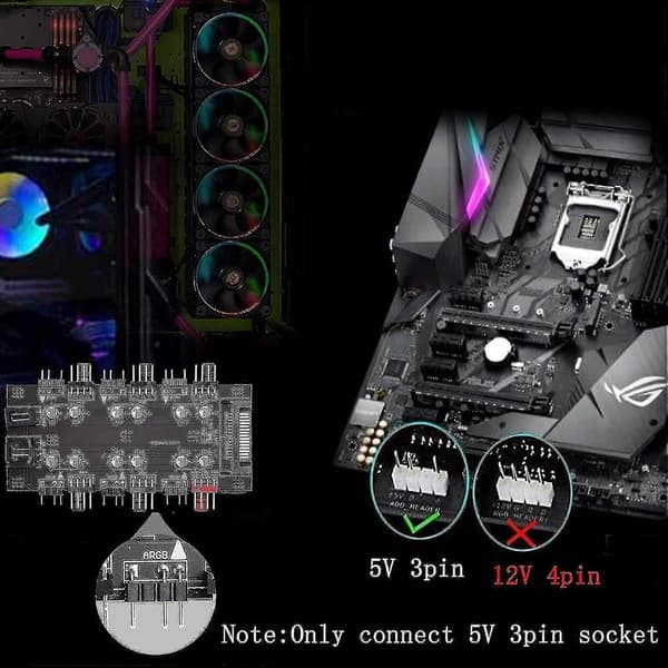 12v 4pin Pwm & 5v 3pin Med Ide 4pin Strøm 2-i-1 Hub 6-vejs Synkronisering CPU Køleventilator
