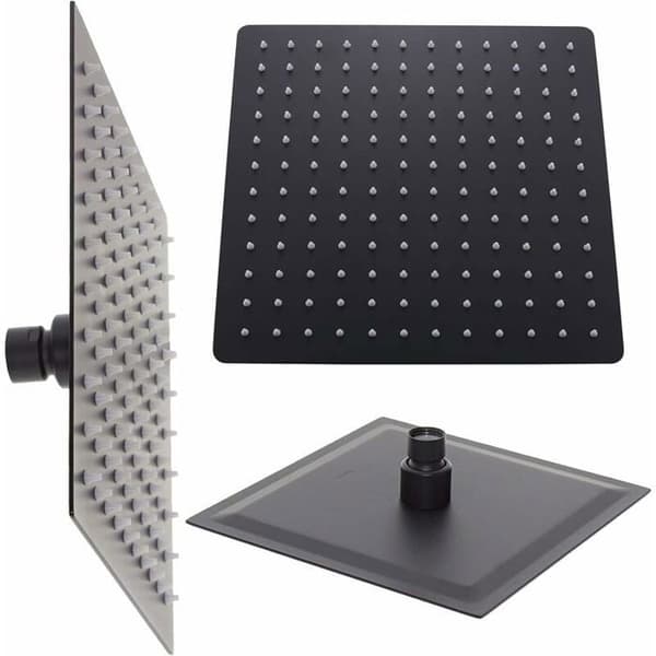 Sort brusehoved, 20 cm firkantet regnbruserhoved i 304 rustfrit stål, universelt 1/2 tomme gevind, 360° roterbart