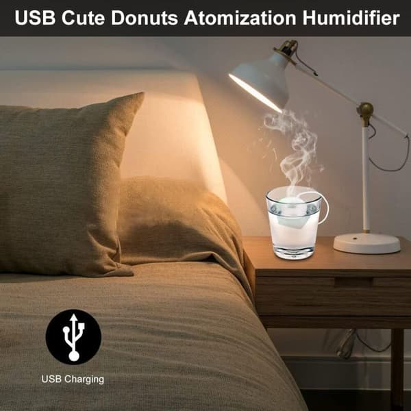 Mini bærbar USB Donut-formet luftfugter, forstøvende luftfugter til bil, rejser, hjem, kontor (hvid)