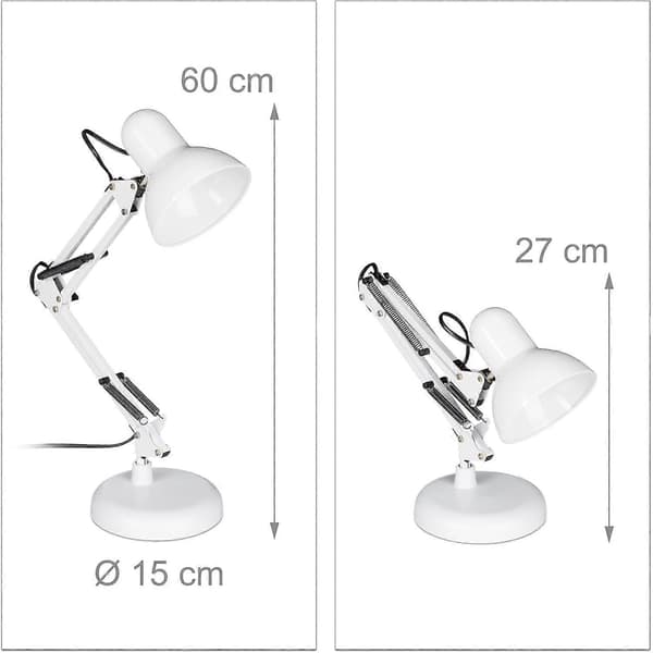 Skrivebordslampe, Leddet arm, Leselys, E27, Metall, Hvit, 50 x 27 x 15 cm