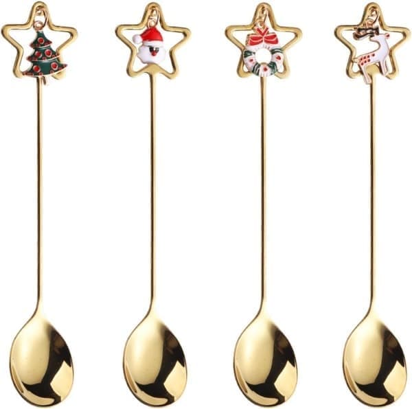 4 stk. julekaffeske sæt guld jul rustfrit stål ske dessertske nytårsborddekoration