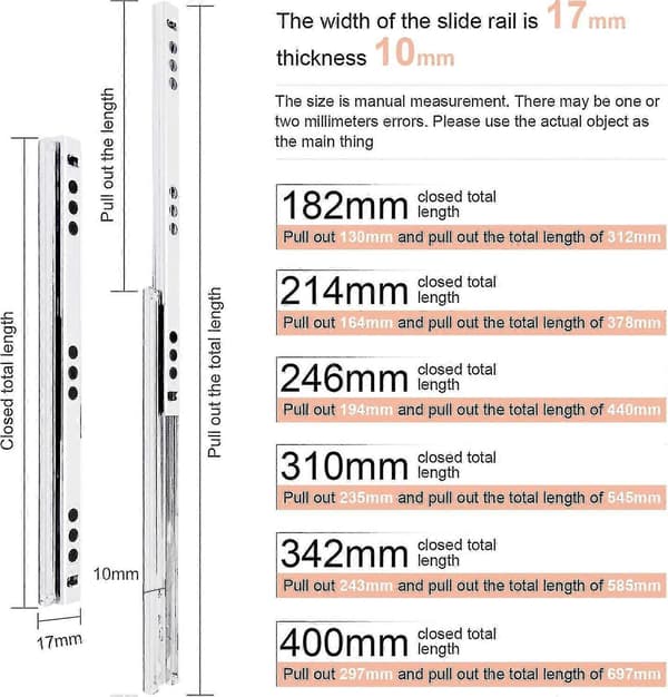 Lådskena, b17mm 1 par Metall Lådskena Löpare Kullager Lådskena Skena 182mm