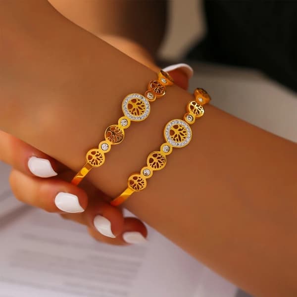 Dame 18K Guldbelagt Rustfrit Stål Livets Træ Zirkon Armbånd