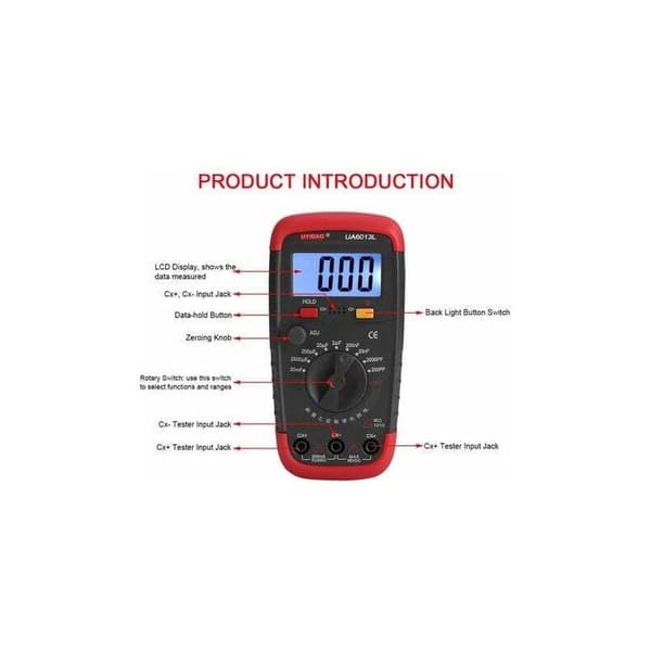 Professionel kapacitansmåler, 0,1pF til 20000uF digital kapacitanstester med LCD-baggrundsbelysning og beskyttende etui. Maks. 1999