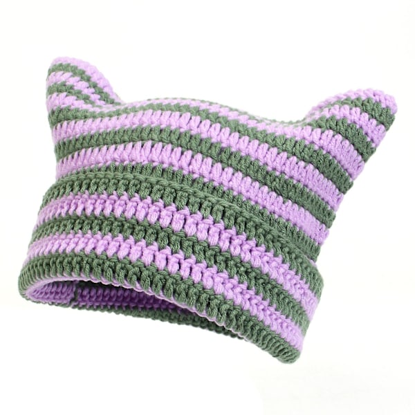 Höst Vinter Utomhus Varma Stickade Mössor Söt Randig Katt Öra Hatt Huvudbonad Ullgarn Stickad Beanies Green Purple