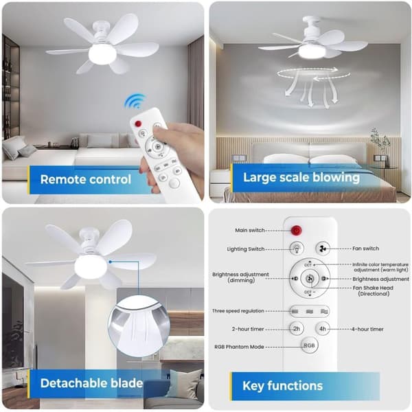 Loftventilator, Lydløs Loftventilator, 40W Loftventilatorlampe med E27 Fatning, 6 Blade, 3 Hastigheder, Stille, til Stue, Soveværelse, Hvid