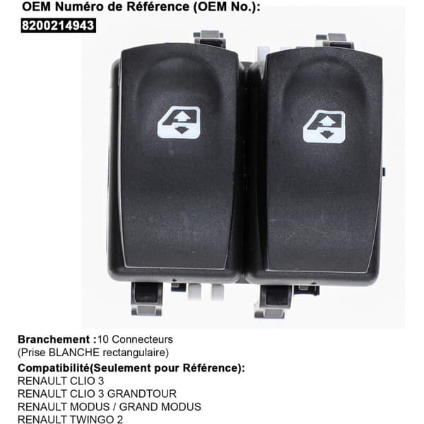 Vindusregulatorknapp for Clio 3 Modus, hvit pluggfarge 8200214943