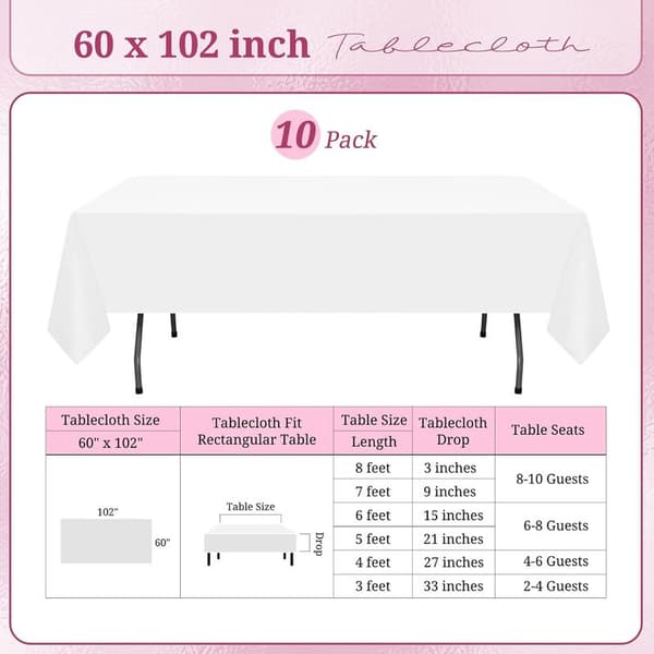 Förpackning med 10 rektangulära dukar, 153x260cm, vit polyesterduk för 6-fots rektangulära bord, fläck- och skrynkelresistent, för