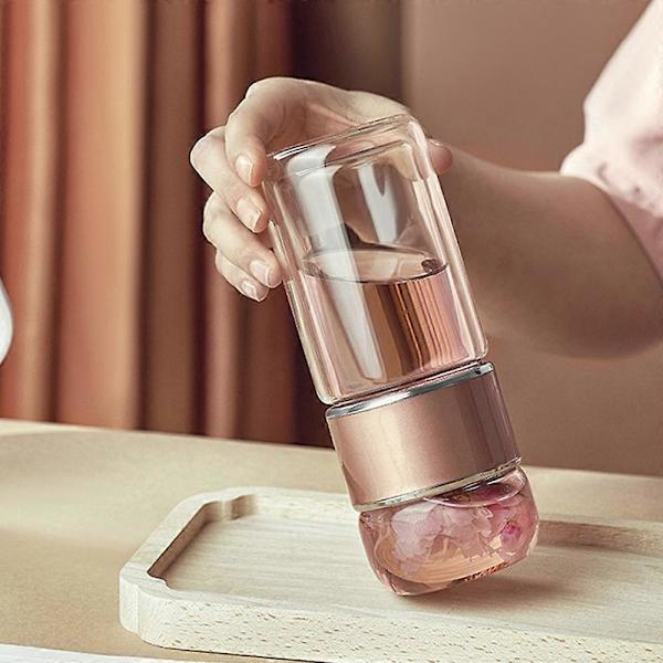 Te-infuser, dobbeltvægget te-infuser i glas med filter i rustfrit stål