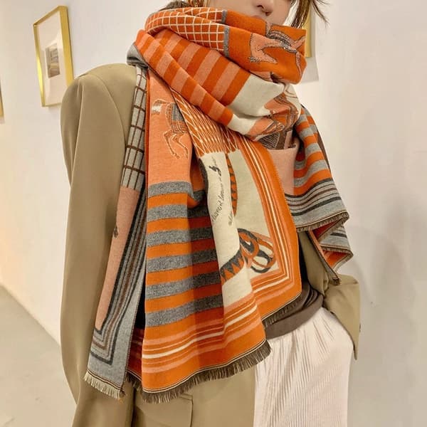 Oversized Orange Grå Heste Print Sjal Wrap Cashmere Feel Tørklæde Equestrian Chic