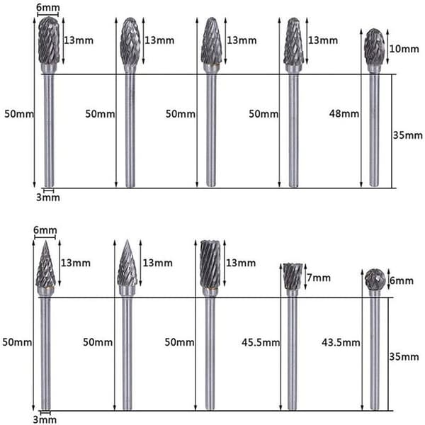 Wolframcarbid Fræsejernssæt til Dremel, 10 Stykker Dobbelt-Skærende Roterende Bits med 1/8\" Skaft til Træudskæring, Gravering, Boring